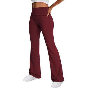 Trendy Queen Women’s Wide Leg Yoga Pants Bootcut Workout Flare Leggings Trendy High Waisted Fold Over 2025 Fall Outfits(Winered)