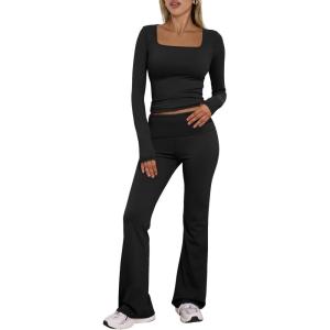 Trendy Queen Womens Workout Sets 2 Piece Fall Outfits Square Neck Tops Flare Pants Tracksuits Clothes Winter Fashion 2025(Black)