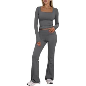 Trendy Queen Womens Workout Sets 2 Piece Fall Outfits Square Neck Tops Flare Pants Tracksuits Clothes Winter Fashion 2025(Darkgrey)