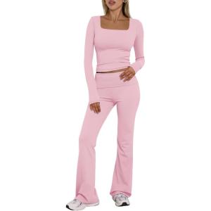 Trendy Queen Womens Workout Sets 2 Piece Fall Outfits Square Neck Tops Flare Pants Tracksuits Clothes Winter Fashion 2025(Pink)