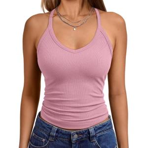 Trendy Queen Womens Workout Tank Tops Racerback Summer 2025 Camisole Top V Neck Ribbed Sleeveless Beach Fashion Clothes(Pink)
