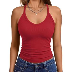 Trendy Queen Womens Workout Tank Tops Racerback Summer 2025 Camisole Top V Neck Ribbed Sleeveless Beach Fashion Clothes(Red)