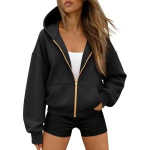Trendy Queen Womens Zip Up Hoodies Fall Fashion Sweatshirt 2025 Clothes Y2K Cropped Jackets Cute Winter Outfits(Black)
