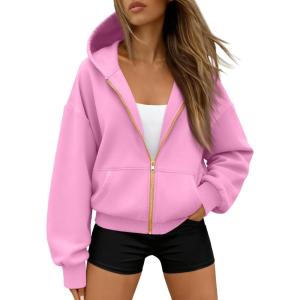 Trendy Queen Womens Zip Up Hoodies Fall Fashion Sweatshirt 2025 Clothes Y2K Cropped Jackets Cute Winter Outfits(Pink)