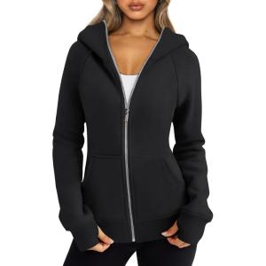Trendy Queen Womens Zip Up Hoodies Fleece Jackets Oversized Sweatshirts Fall Fashion Outfits Sweaters Winter Clothes(Black)