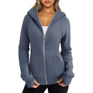 Trendy Queen Womens Zip Up Hoodies Fleece Jackets Oversized Sweatshirts Fall Fashion Outfits Sweaters Winter Clothes(Greyblue)
