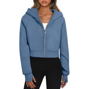 Trendy Queen Womens Zip Up Hoodies Jackets Cropped Sweatshirts Fleece Fall Outfits Casual Comfy Y2k Tops Winter Clothes 2025(Blue)