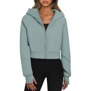 Trendy Queen Womens Zip Up Hoodies Jackets Cropped Sweatshirts Fleece Fall Outfits Casual Comfy Y2k Tops Winter Clothes 2025(Greygreen)