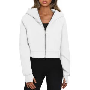 Trendy Queen Womens Zip Up Hoodies Jackets Cropped Sweatshirts Fleece Fall Outfits Casual Comfy Y2k Tops Winter Clothes 2025(White)