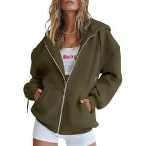 Trendy Queen Womens Zip Up Hoodies Oversized Sweatshirts Fall School Fashion Outfits Casual Jackets 2025 Winter Clothes(Army Green)
