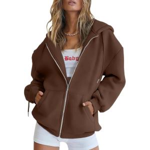 Trendy Queen Womens Zip Up Hoodies Oversized Sweatshirts Fall School Fashion Outfits Casual Jackets 2025 Winter Clothes(Coffee)