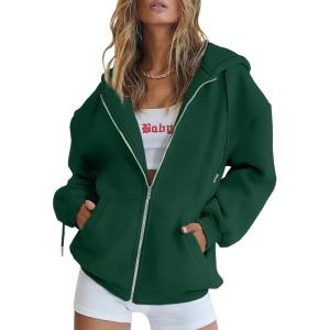 Trendy Queen Womens Zip Up Hoodies Oversized Sweatshirts Fall School Fashion Outfits Casual Jackets 2025 Winter Clothes(Dark Green)