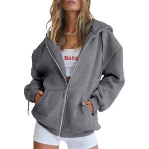 Trendy Queen Womens Zip Up Hoodies Oversized Sweatshirts Fall School Fashion Outfits Casual Jackets 2025 Winter Clothes(Dark Grey)