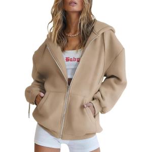 Trendy Queen Womens Zip Up Hoodies Oversized Sweatshirts Fall School Fashion Outfits Casual Jackets 2025 Winter Clothes(Dark Khaki)