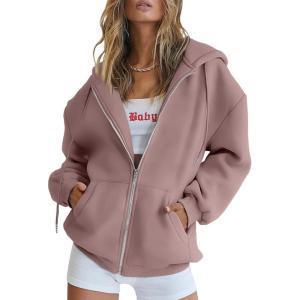 Trendy Queen Womens Zip Up Hoodies Oversized Sweatshirts Fall School Fashion Outfits Casual Jackets 2025 Winter Clothes(Dark Pink)