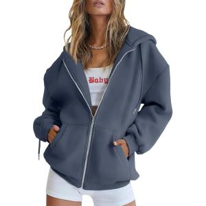 Trendy Queen Womens Zip Up Hoodies Oversized Sweatshirts Fall School Fashion Outfits Casual Jackets 2025 Winter Clothes(Dusty Blue)