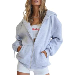 Trendy Queen Womens Zip Up Hoodies Oversized Sweatshirts Fall School Fashion Outfits Casual Jackets 2025 Winter Clothes(Grey)