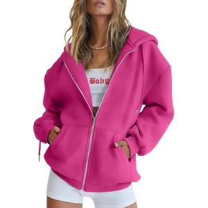 Trendy Queen Womens Zip Up Hoodies Oversized Sweatshirts Fall School Fashion Outfits Casual Jackets 2025 Winter Clothes(Hot Pink)