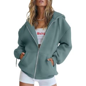 Trendy Queen Womens Zip Up Hoodies Oversized Sweatshirts Fall School Fashion Outfits Casual Jackets 2025 Winter Clothes(Lake)