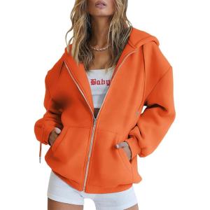 Trendy Queen Womens Zip Up Hoodies Oversized Sweatshirts Fall School Fashion Outfits Casual Jackets 2025 Winter Clothes(Orange)