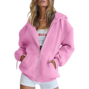 Trendy Queen Womens Zip Up Hoodies Oversized Sweatshirts Fall School Fashion Outfits Casual Jackets 2025 Winter Clothes(Pink)