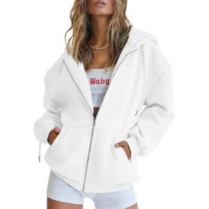 Trendy Queen Womens Zip Up Hoodies Oversized Sweatshirts Fall School Fashion Outfits Casual Jackets 2025 Winter Clothes(White)