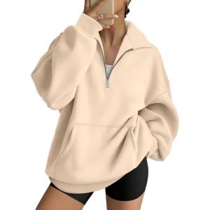 Trendy Queen Womens Zip Up Hoodies Oversized Sweatshirts Preppy Clothes Fall Teen Girls Outfits Fashion Crewneck Pullover(Apricot)