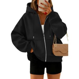 Trendy Queen Zip Up Hoodies For Women Cropped Sweatshirts Fall Fashion Outfits 2025 Y2k Fleece Teen Girls Clothes(Black)