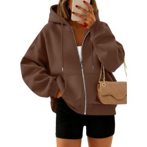 Trendy Queen Zip Up Hoodies For Women Cropped Sweatshirts Fall Fashion Outfits 2025 Y2k Fleece Teen Girls Clothes(Coffee)