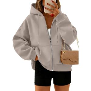 Trendy Queen Zip Up Hoodies For Women Cropped Sweatshirts Fall Fashion Outfits 2025 Y2k Fleece Teen Girls Clothes(Coffee Grey)