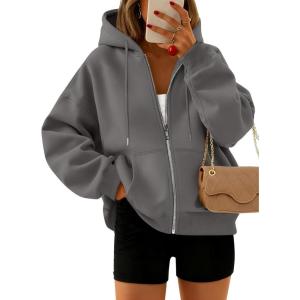 Trendy Queen Zip Up Hoodies For Women Cropped Sweatshirts Fall Fashion Outfits 2025 Y2k Fleece Teen Girls Clothes(Dark Grey)