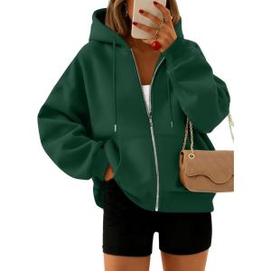 Trendy Queen Zip Up Hoodies For Women Cropped Sweatshirts Fall Fashion Outfits 2025 Y2k Fleece Teen Girls Clothes(Darkgreen)