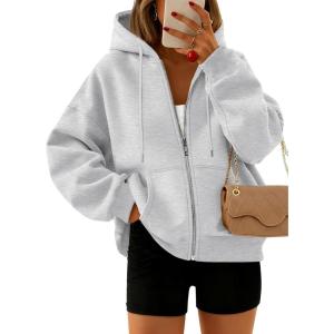Trendy Queen Zip Up Hoodies For Women Cropped Sweatshirts Fall Fashion Outfits 2025 Y2k Fleece Teen Girls Clothes(Grey)