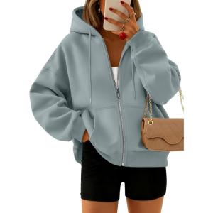 Trendy Queen Zip Up Hoodies For Women Cropped Sweatshirts Fall Fashion Outfits 2025 Y2k Fleece Teen Girls Clothes(Grey Green)