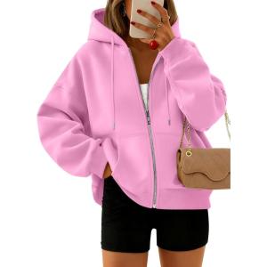 Trendy Queen Zip Up Hoodies For Women Cropped Sweatshirts Fall Fashion Outfits 2025 Y2k Fleece Teen Girls Clothes(Pink)