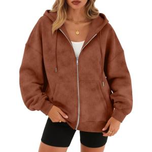 Trendy Queen Zip Up Hoodies for Women Acid Wash Oversized Sweatshirt Fall Fashion Jacket Cute Y2k Winter teen girls pullover(Brown)