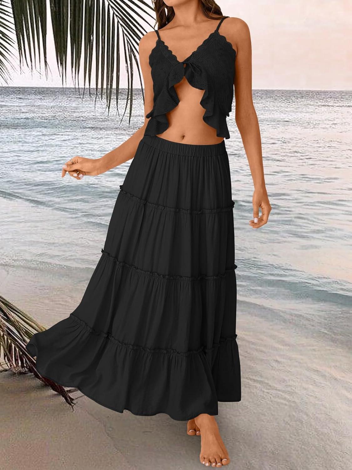 imageTrendy Queen Long Skirts for Women Boho Maxi Skirt Summer Swing Tiered ALine Elastic High Waist Dress with Pockets FashionBlack