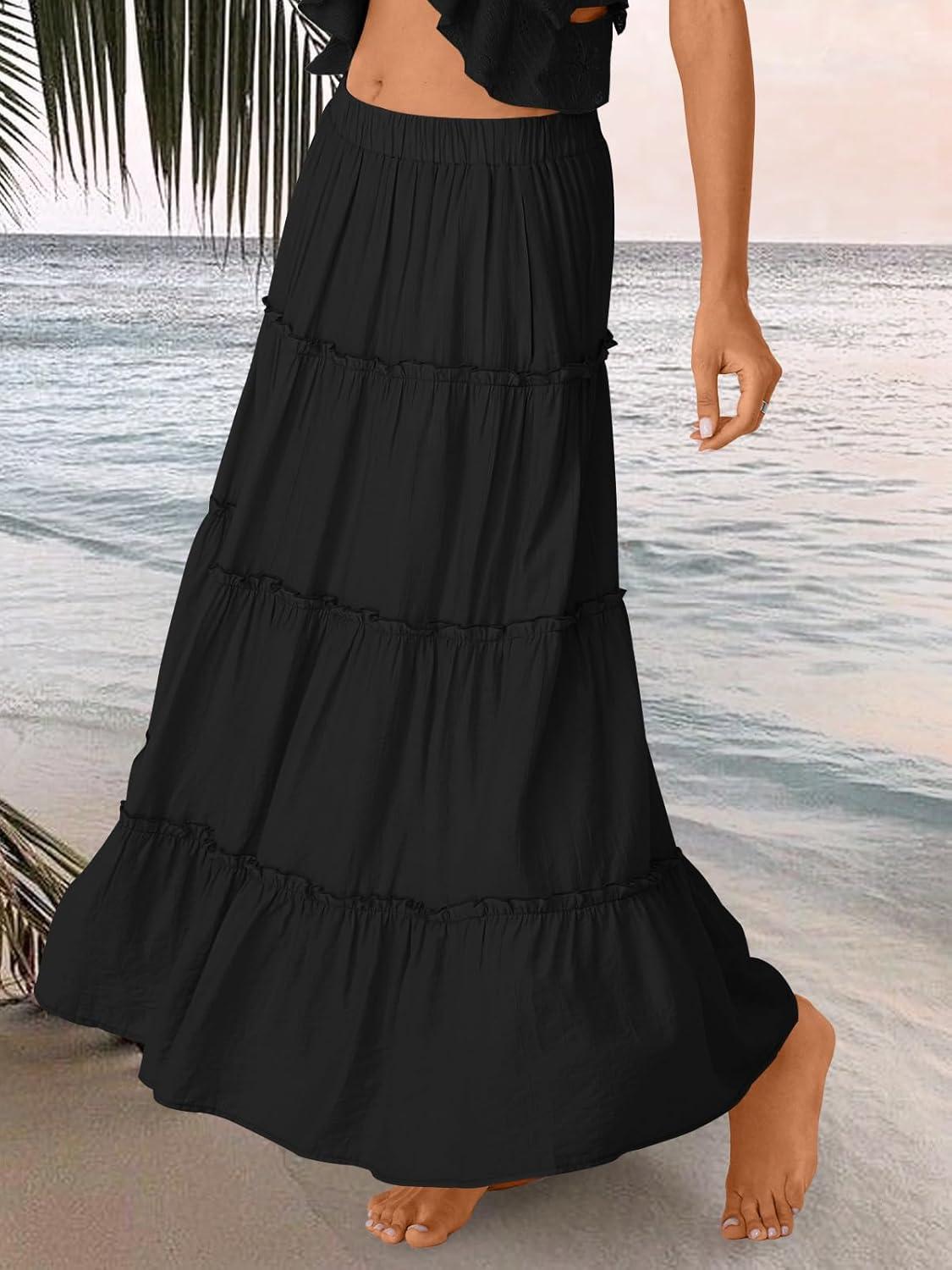 imageTrendy Queen Long Skirts for Women Boho Maxi Skirt Summer Swing Tiered ALine Elastic High Waist Dress with Pockets FashionBlack