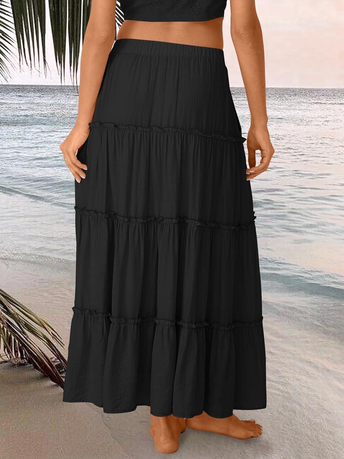 imageTrendy Queen Long Skirts for Women Boho Maxi Skirt Summer Swing Tiered ALine Elastic High Waist Dress with Pockets FashionBlack