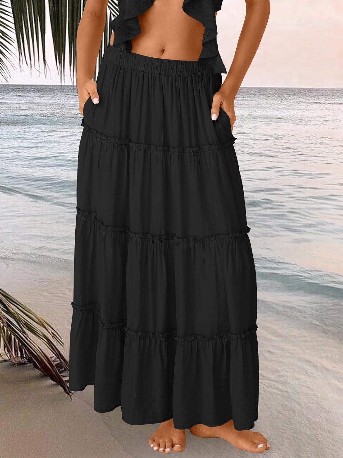 imageTrendy Queen Long Skirts for Women Boho Maxi Skirt Summer Swing Tiered ALine Elastic High Waist Dress with Pockets FashionBlack
