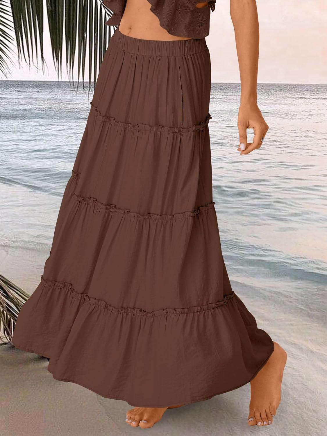 imageTrendy Queen Long Skirts for Women Boho Maxi Skirt Summer Swing Tiered ALine Elastic High Waist Dress with Pockets FashionBrown