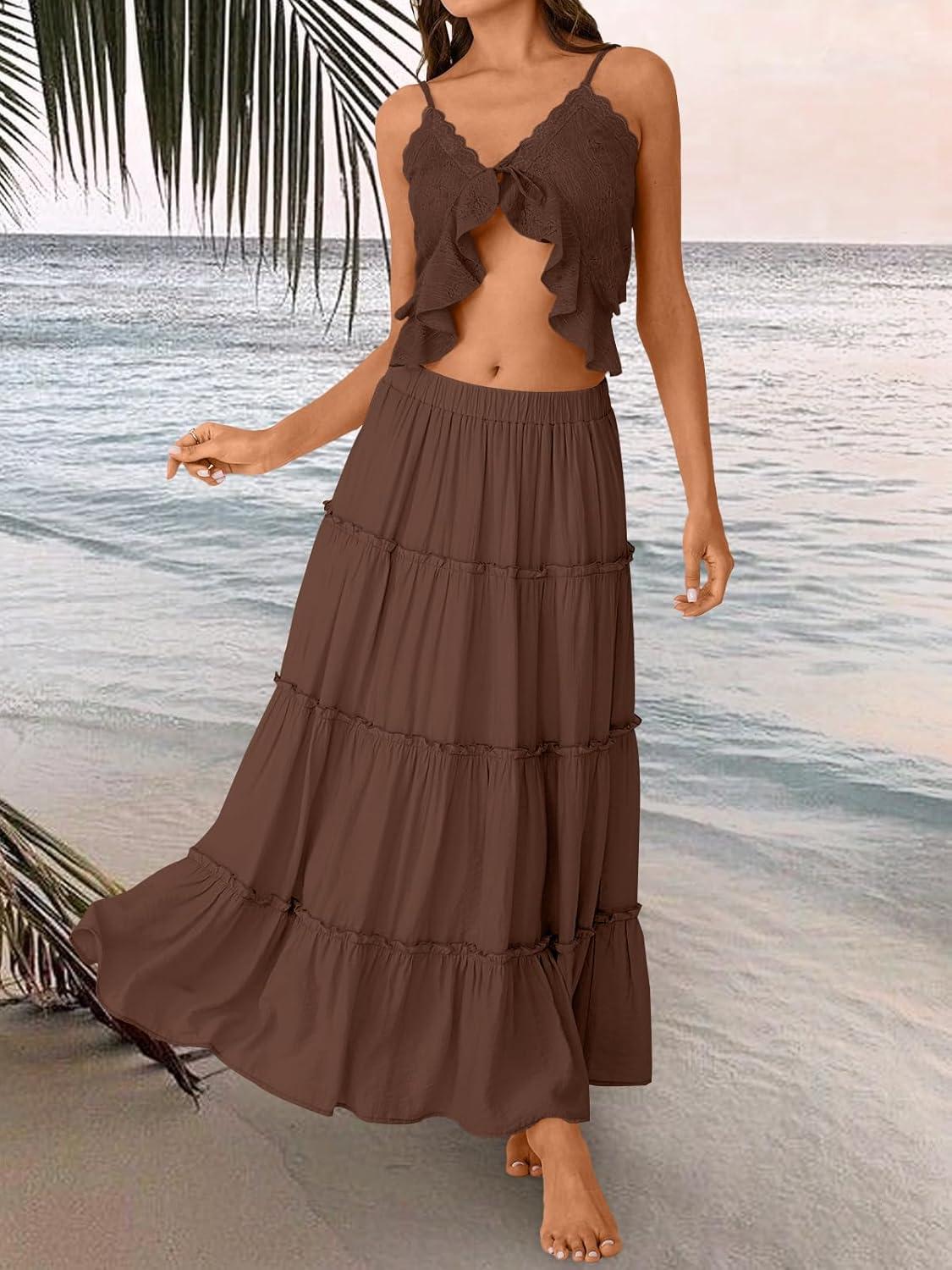 imageTrendy Queen Long Skirts for Women Boho Maxi Skirt Summer Swing Tiered ALine Elastic High Waist Dress with Pockets FashionBrown