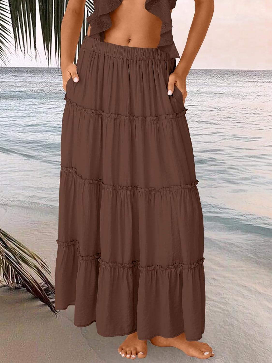 imageTrendy Queen Long Skirts for Women Boho Maxi Skirt Summer Swing Tiered ALine Elastic High Waist Dress with Pockets FashionBrown