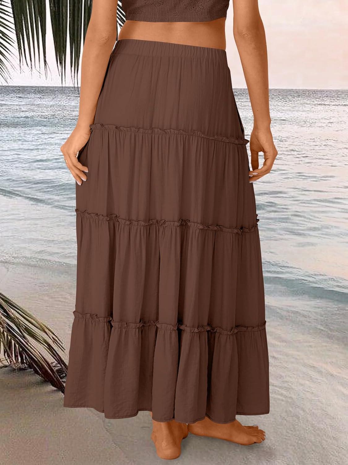 imageTrendy Queen Long Skirts for Women Boho Maxi Skirt Summer Swing Tiered ALine Elastic High Waist Dress with Pockets FashionBrown