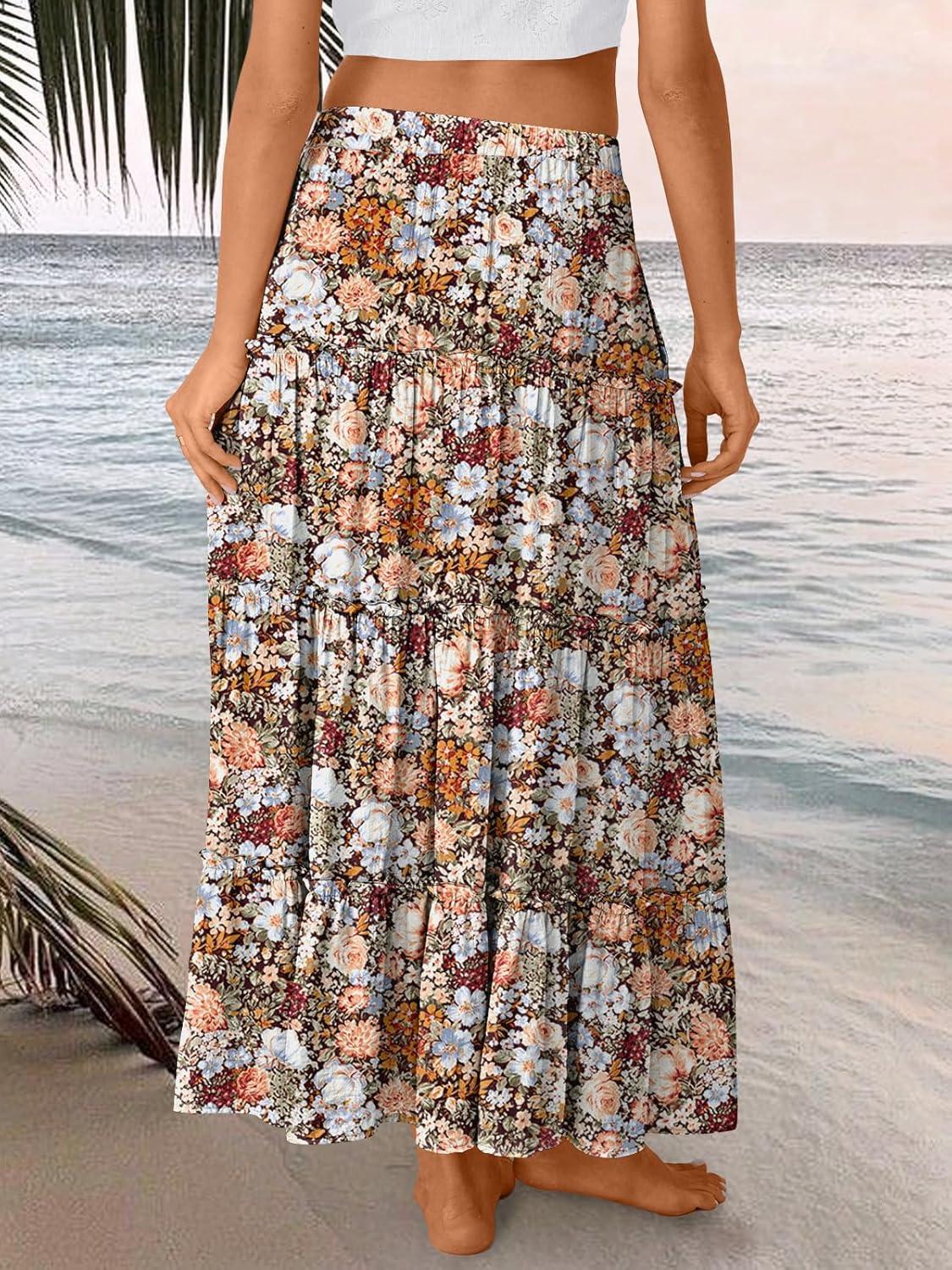 imageTrendy Queen Long Skirts for Women Boho Maxi Skirt Summer Swing Tiered ALine Elastic High Waist Dress with Pockets FashionMulti Floral