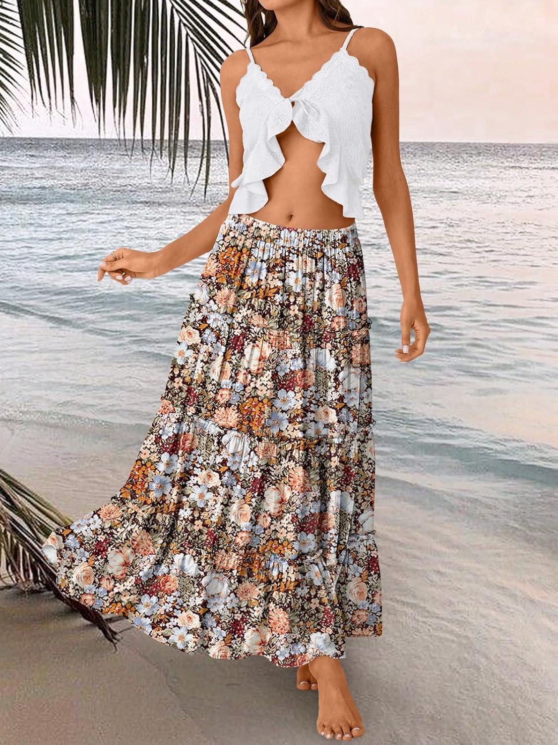 imageTrendy Queen Long Skirts for Women Boho Maxi Skirt Summer Swing Tiered ALine Elastic High Waist Dress with Pockets FashionMulti Floral