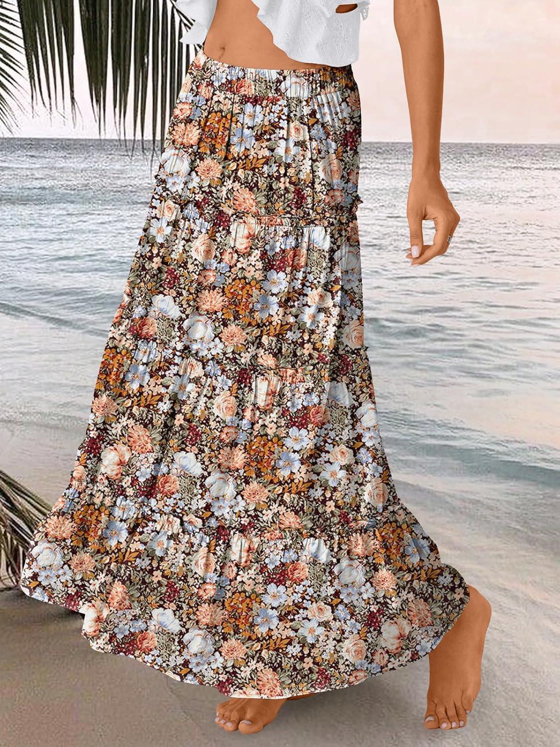 imageTrendy Queen Long Skirts for Women Boho Maxi Skirt Summer Swing Tiered ALine Elastic High Waist Dress with Pockets FashionMulti Floral