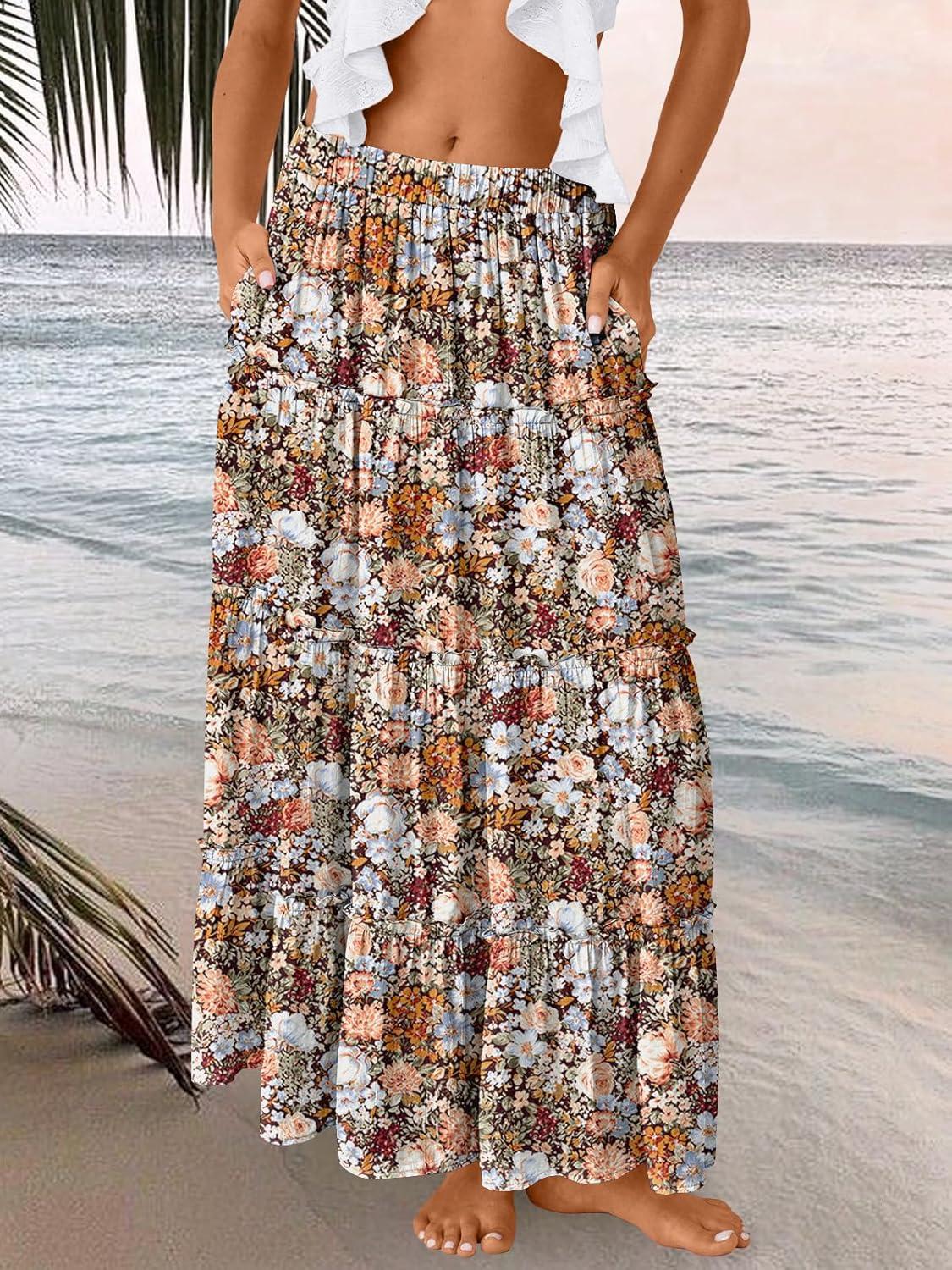 imageTrendy Queen Long Skirts for Women Boho Maxi Skirt Summer Swing Tiered ALine Elastic High Waist Dress with Pockets FashionMulti Floral
