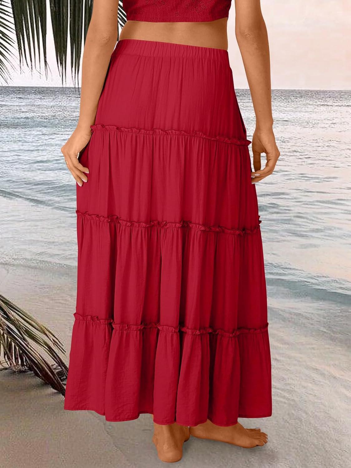 imageTrendy Queen Long Skirts for Women Boho Maxi Skirt Summer Swing Tiered ALine Elastic High Waist Dress with Pockets FashionRed