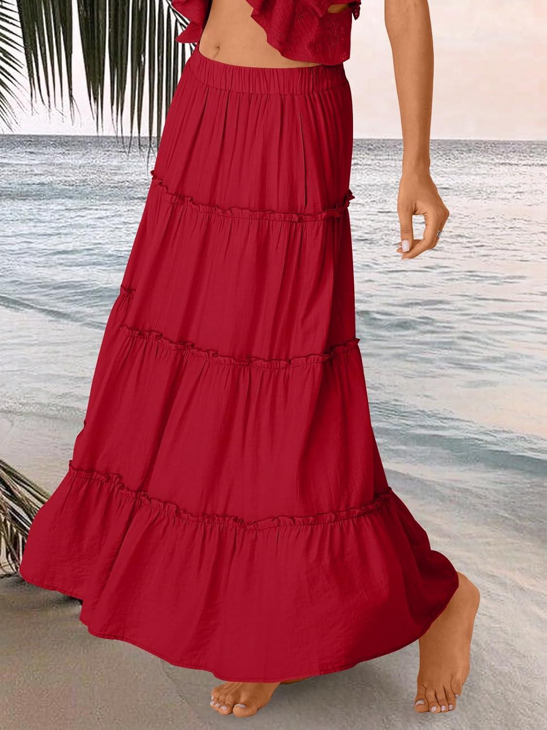 imageTrendy Queen Long Skirts for Women Boho Maxi Skirt Summer Swing Tiered ALine Elastic High Waist Dress with Pockets FashionRed